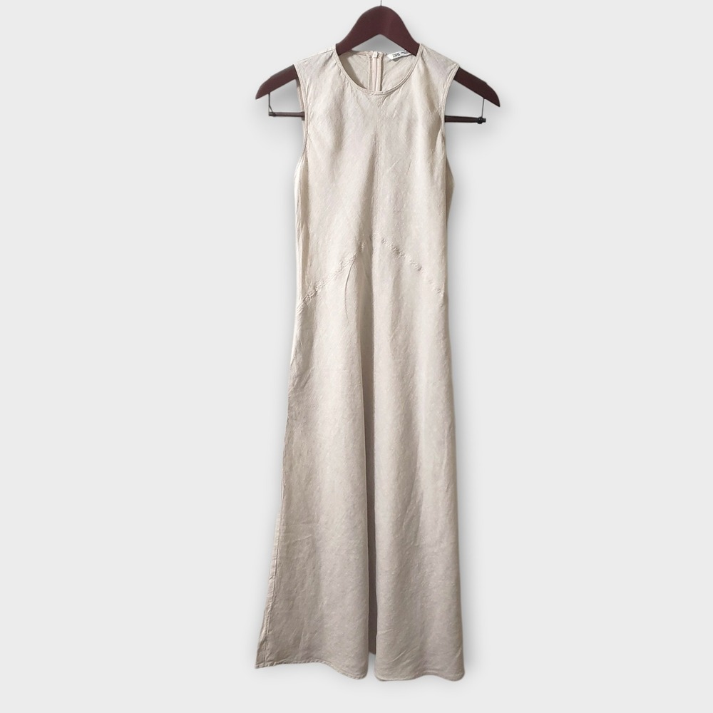 Zara Womens 100% Linen Sleeveless Maxi Dress Beige Natural Neutral Minimalist XS